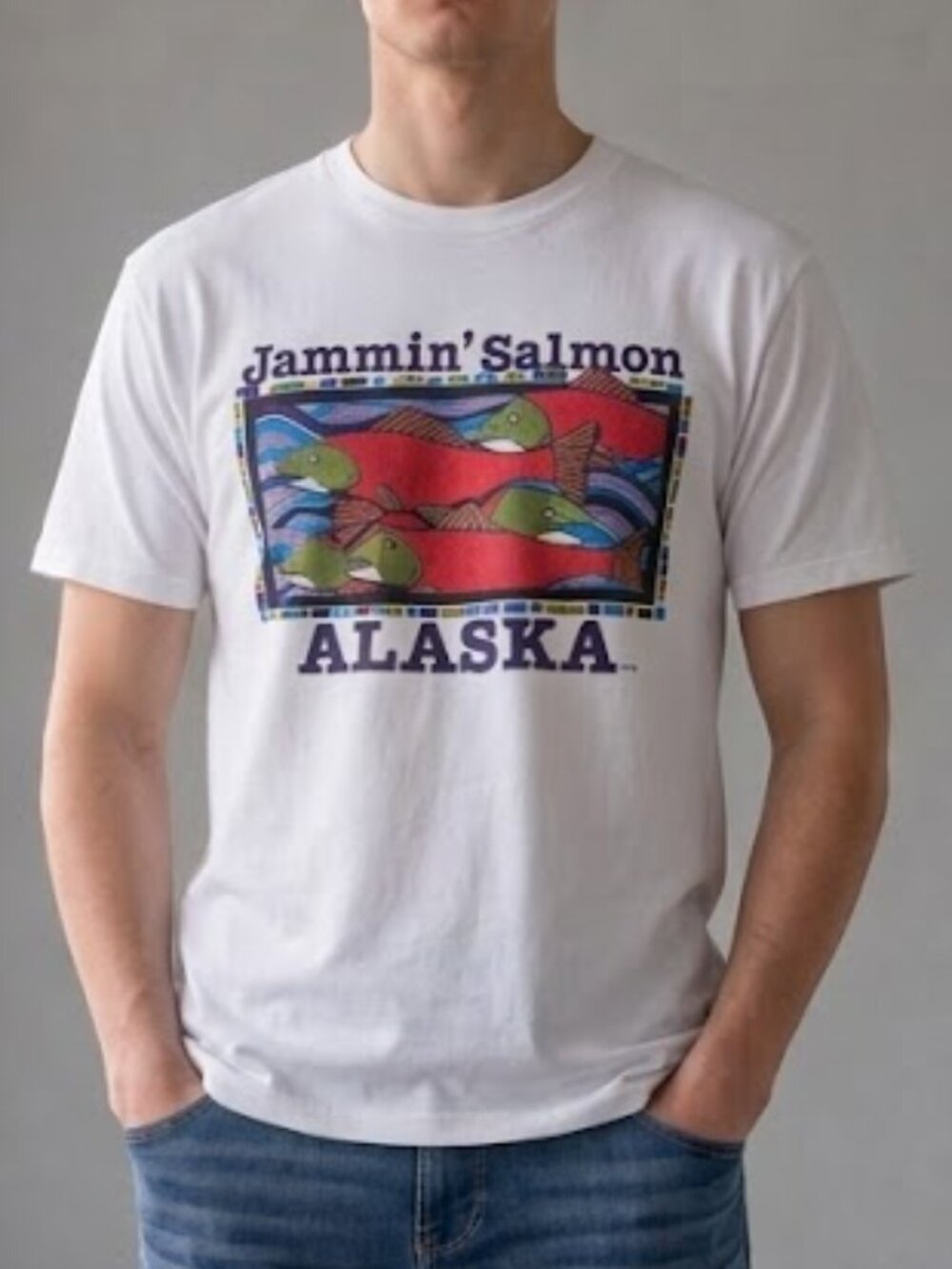 Vintage 80s Jammin' Salmon Alaska Fish T-Shirt Hanes USA Fishing Tee Men's 2XL